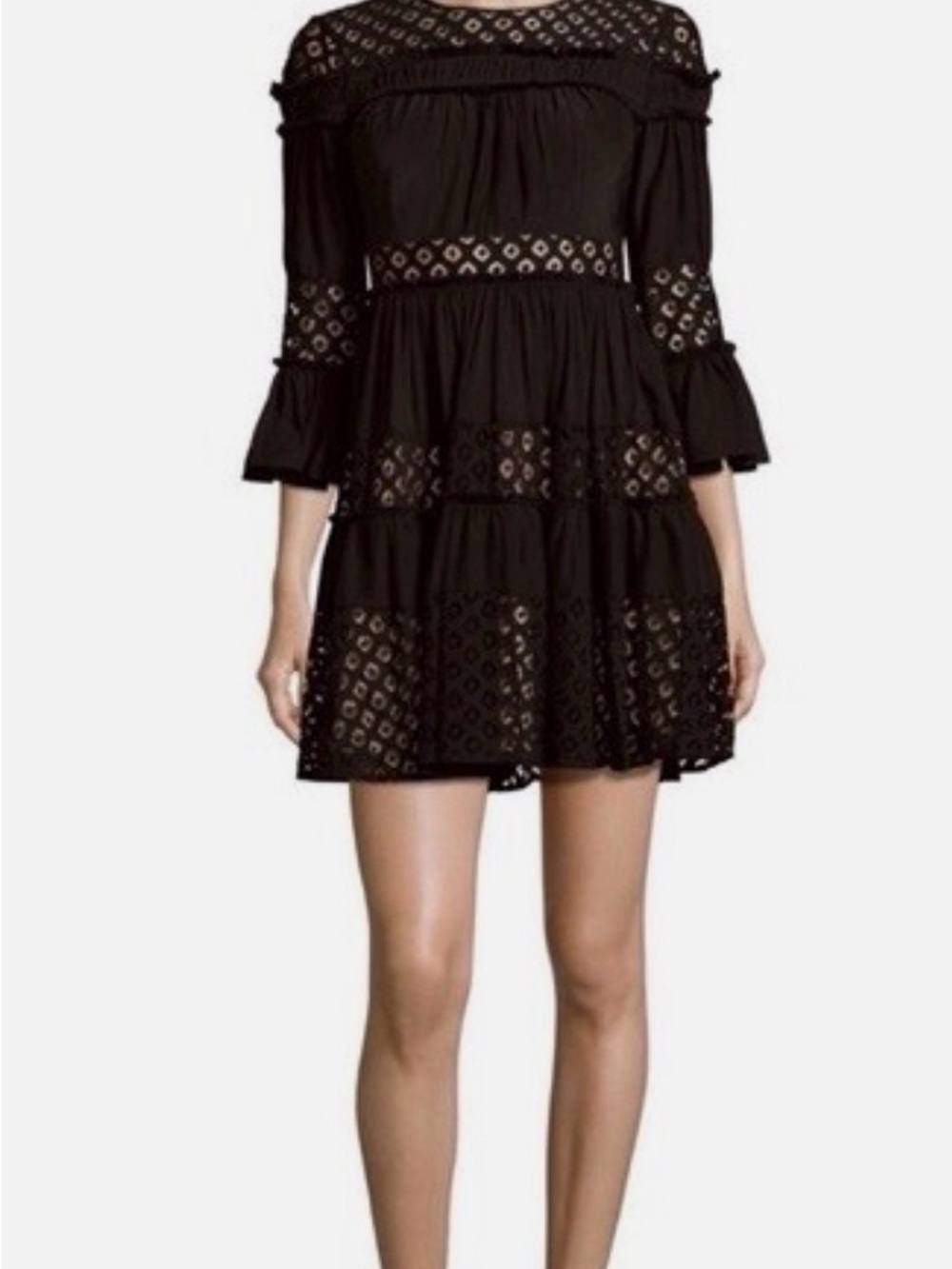 NWT! Cinq a Sept Octavia Smocked Black Mini Dress Eyelet in Size: 6